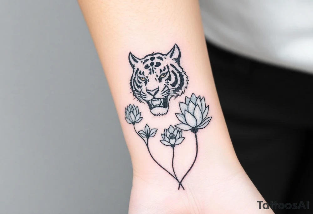 fierce tiger emerging through blooming lotus flowers in mist tattoo idea