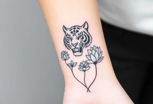 fierce tiger emerging through blooming lotus flowers in mist tattoo idea