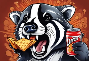badger with mouth open with soda can and Doritos tattoo idea