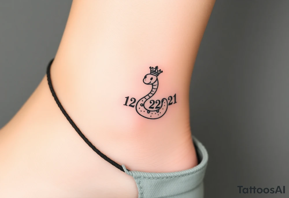I want a small simple silhouette lines black and white wrist princess like girl snake tattoo that has number 12821 on its body along and also I want it to represent feminine energy crown queen Cycle tattoo idea