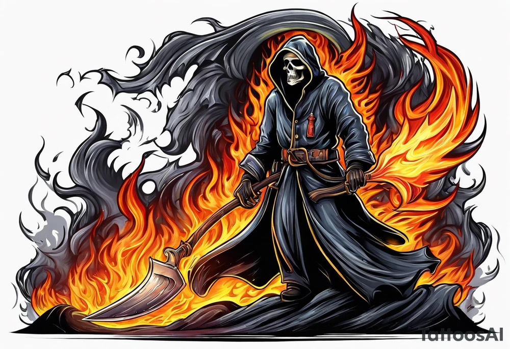 Flames grim reaper firefighter tattoo idea