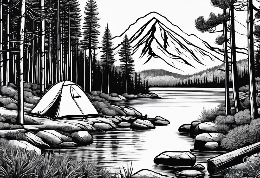 Pine forest with a river, a small tent with a campfire tattoo idea