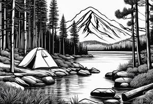 Pine forest with a river, a small tent with a campfire tattoo idea