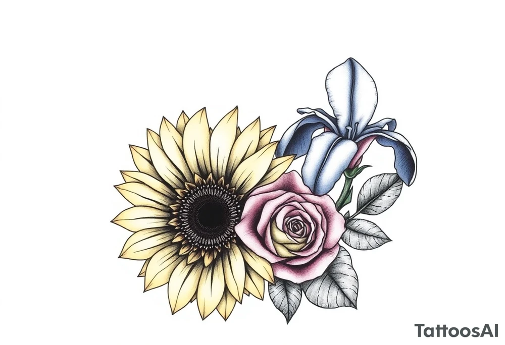 Sunflower,iris and a Rose flowers tattoo idea
