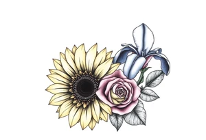 Sunflower,iris and a Rose flowers tattoo idea