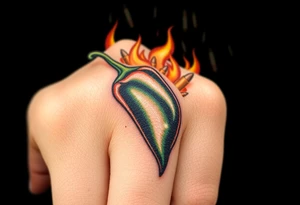 Chili pepper with flames and raining bullets in the background tattoo idea