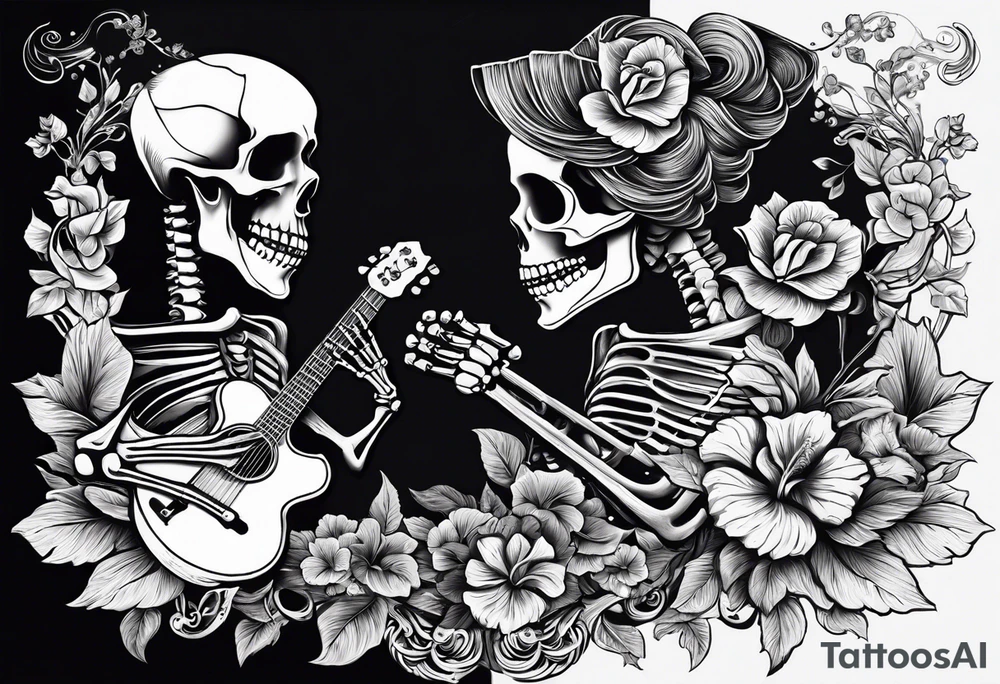 a female skeleton holding a hibiscus flower and a male skeleton playing a guitar. The scene should capture a moment of connection between the two, with the female skeleton attentively listening to the music played by the male skeleton. tattoo idea