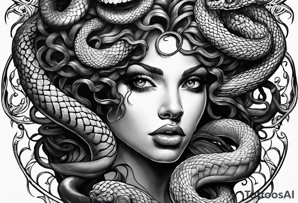 Realistic Medusa with Snake Eyes, hands on her cheek looking scared tattoo idea