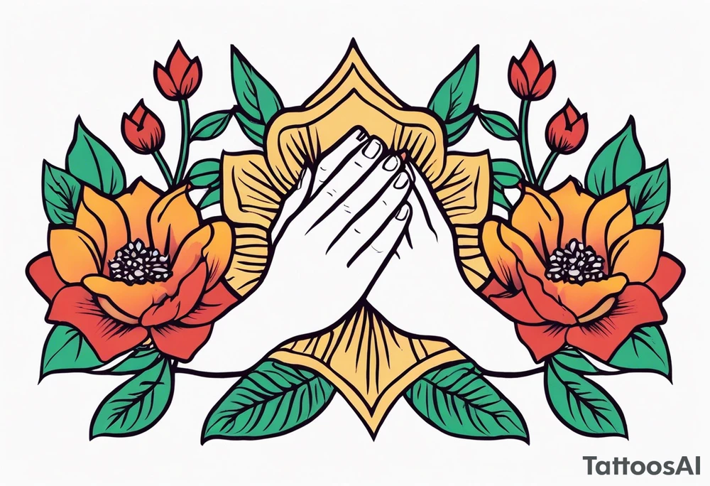two 
hands praying with flowers simple bold tradional old school style bold colors tattoo idea