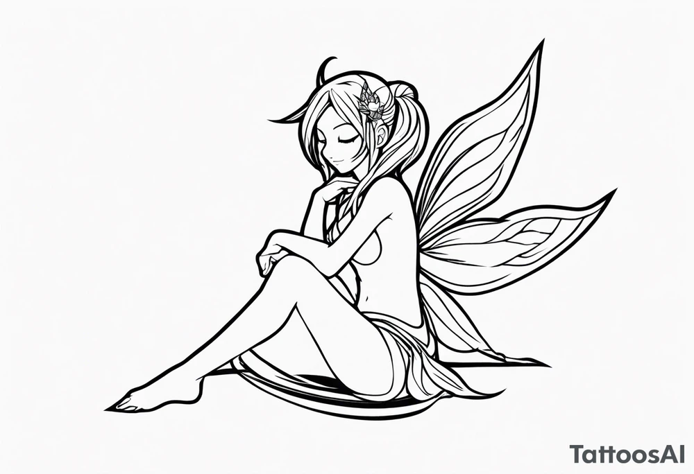 No color fairy with a tail inspired by the logo of the show called Fairy Tail in a fetal position leaning in tattoo idea