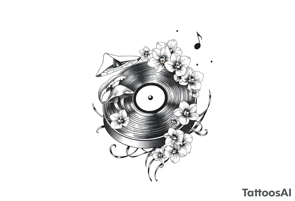 vinyl record player with mushrooms, orchids, and music notes around it tattoo idea