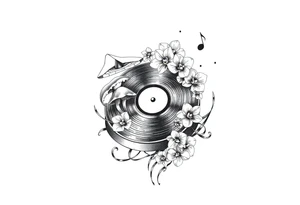 vinyl record player with mushrooms, orchids, and music notes around it tattoo idea