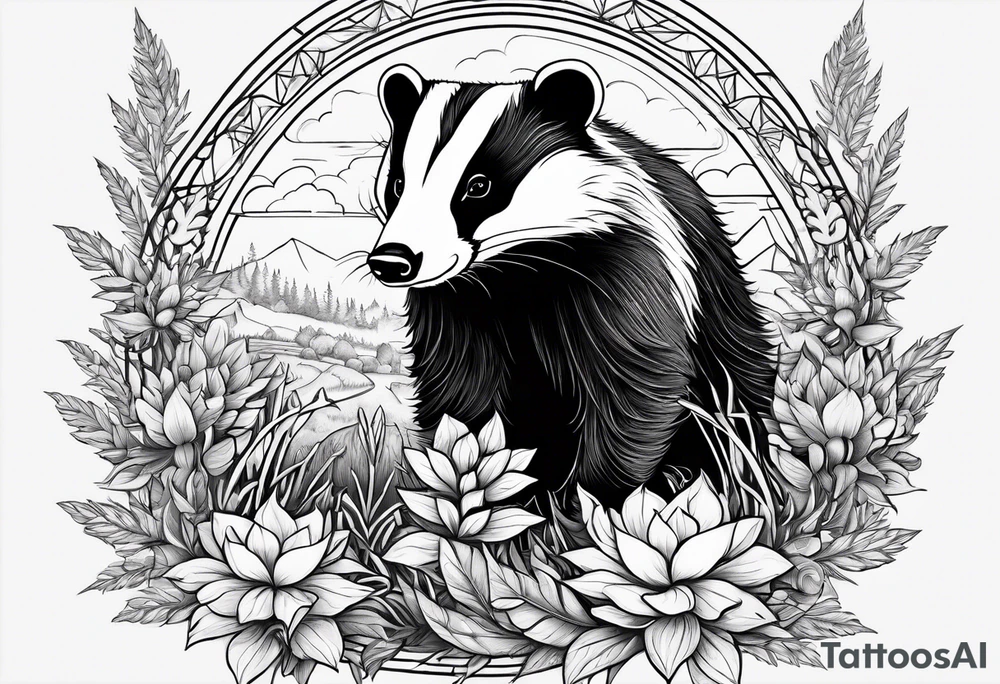 A badger with a cub in a field of flowers, including a cannabis leaf realistic in center and getting more trippy and black towards the edges spirals included tattoo idea
