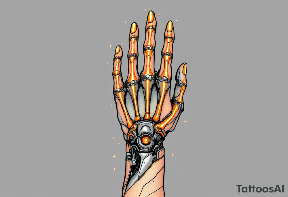 A half-human, half-robot hand in skin-tone fading into steel grey with glowing orange veins. tattoo idea
