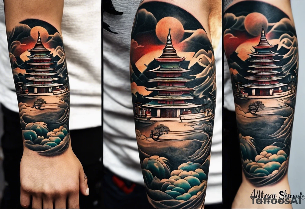 a old world map as the background with a small Buddhist stupa at the bottom for the back of a forearm tattoo idea