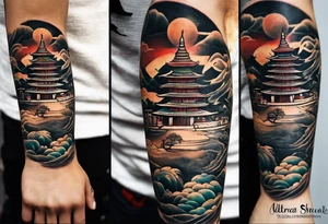 a old world map as the background with a small Buddhist stupa at the bottom for the back of a forearm tattoo idea