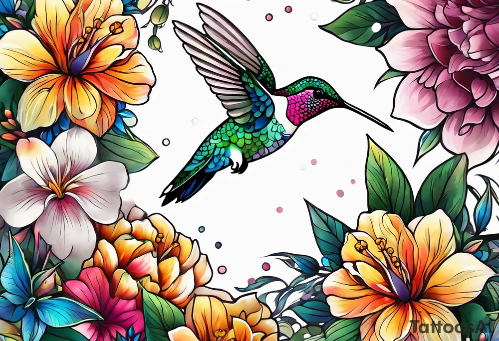 botanical, flowers, colorful, different, hummingbird, dot, mandala background tattoo idea