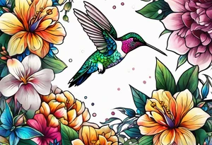 botanical, flowers, colorful, different, hummingbird, dot, mandala background tattoo idea
