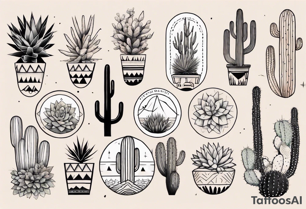Leg tattoo, desert flora, geometric shapes, high quality, detailed linework, black ink, minimalist style, warm desert tones, precise shading, cacti, succulents, triangles, circles, intricate patterns, professional, clean design tattoo idea