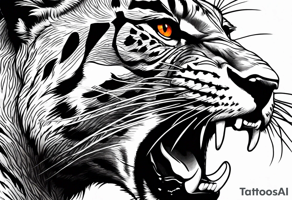 Slight side angle of Facial of an angry panther with red-orange eyes tattoo idea