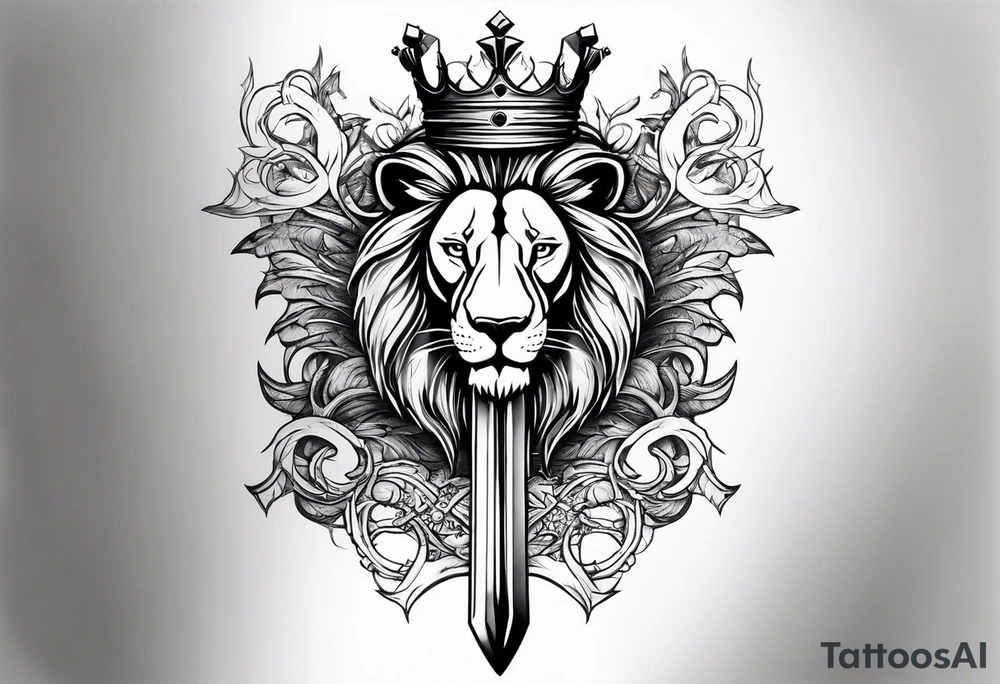 Back Tattoo of a Sword starting at the lower neck going down the spine. On the left of the sword is a lion wearing a crown of thorns and on the right side of the sword a lamb wearing a kings crown tattoo idea