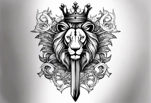 Back Tattoo of a Sword starting at the lower neck going down the spine. On the left of the sword is a lion wearing a crown of thorns and on the right side of the sword a lamb wearing a kings crown tattoo idea