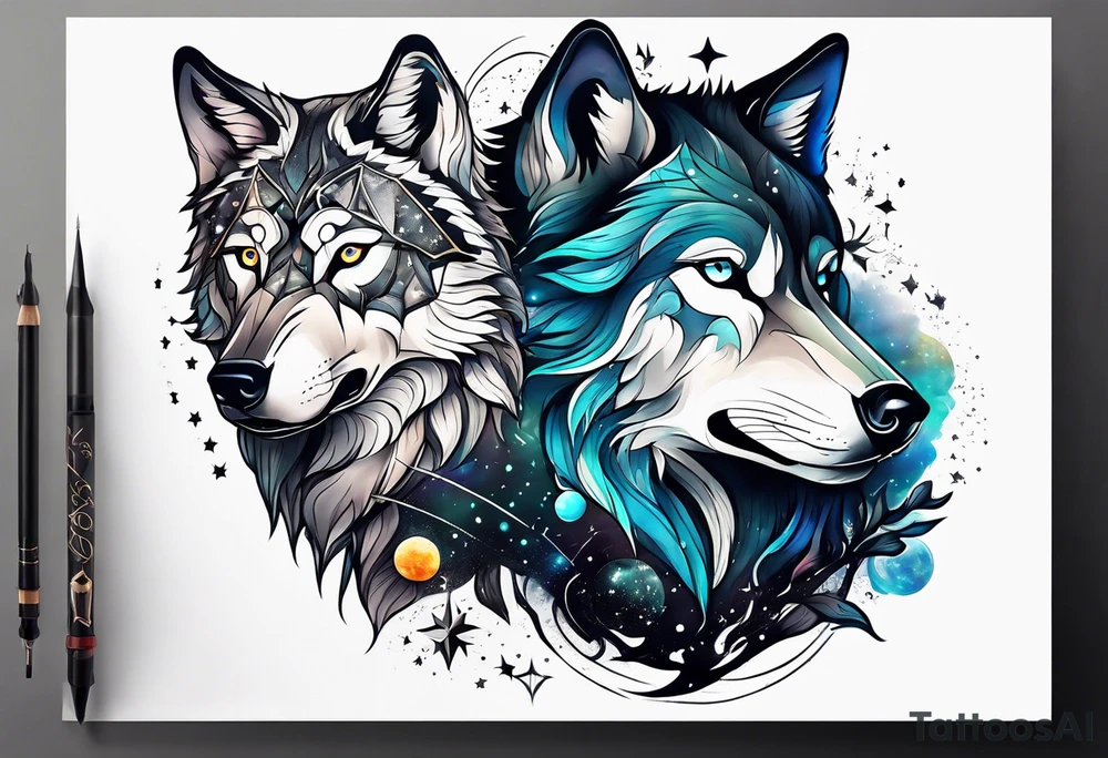 Constellation, two animal wolf tattoo idea
