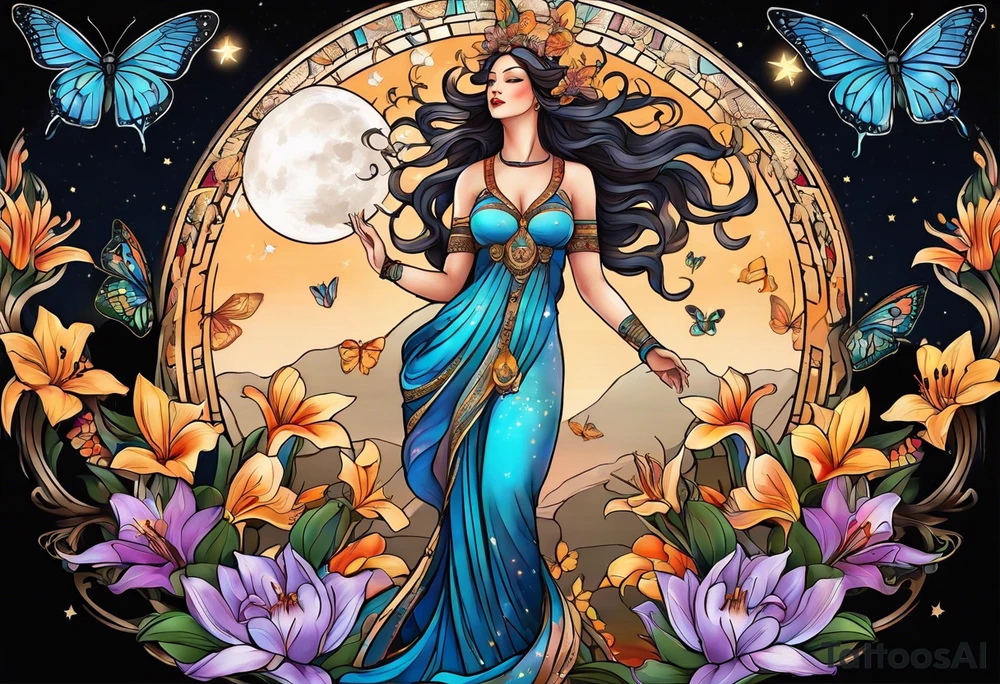 Forward-facing, portrait full length of creation goddess standing upright.  Butterflies. Lillies at feet. Arms raised and hands cupped towards sky. Sun, moon and stars in background tattoo idea