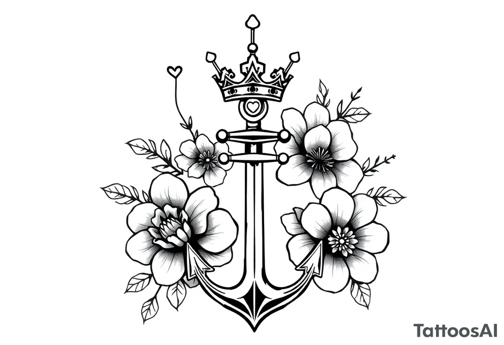 detailed beautiful gothic boho flowers with gorgeous crown and anchor tattoo idea
