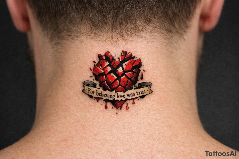 Fragmented anatomical heart broken and bleeding. “For believing love was true” tattoo idea