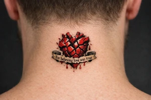 Fragmented anatomical heart broken and bleeding. “For believing love was true” tattoo idea