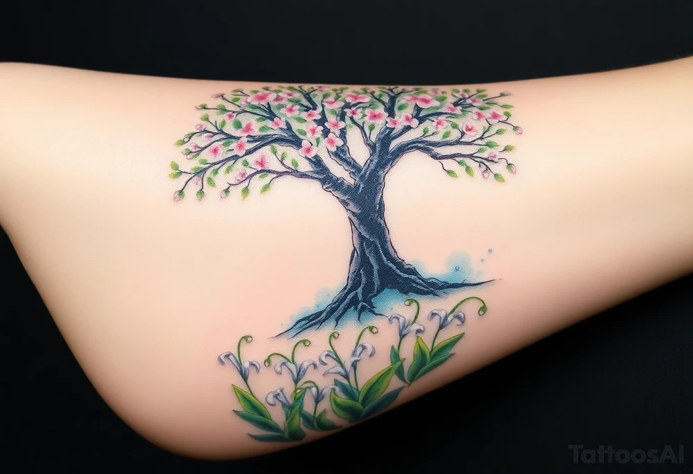 Lilly of the vally bell plants on the ground underneath a majestic blooming hawthorn tree tattoo idea