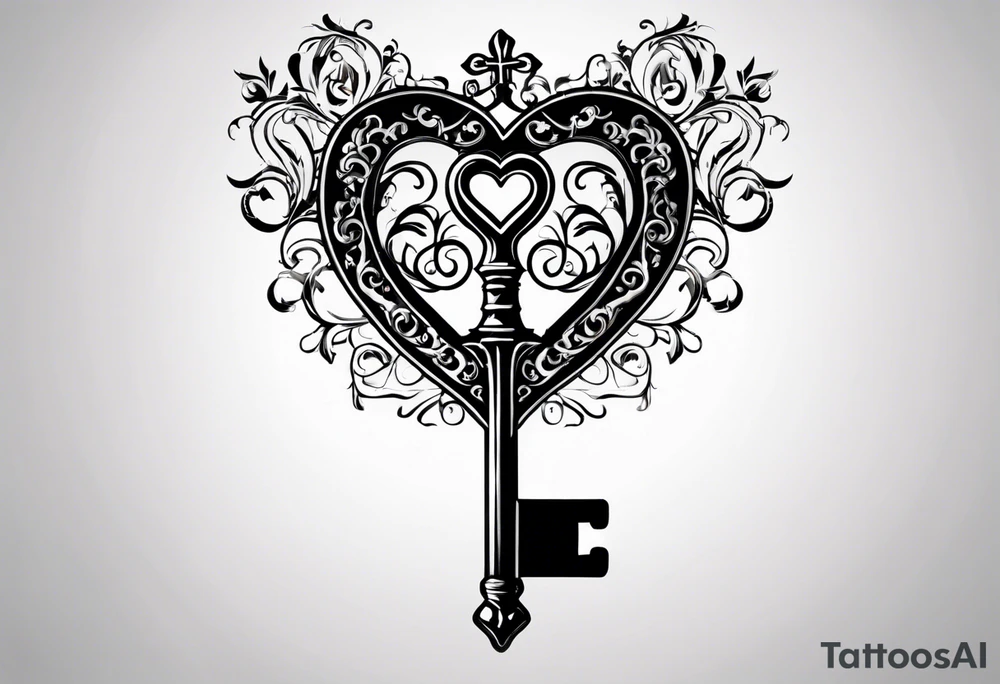 heart shaped skeleton key that looks antique and is made of metal. must have the year 2016 on the front. in the key design include antique scrolling. tattoo idea