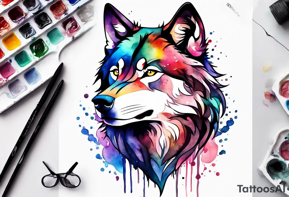 Watercolor wolf tattoo idea
