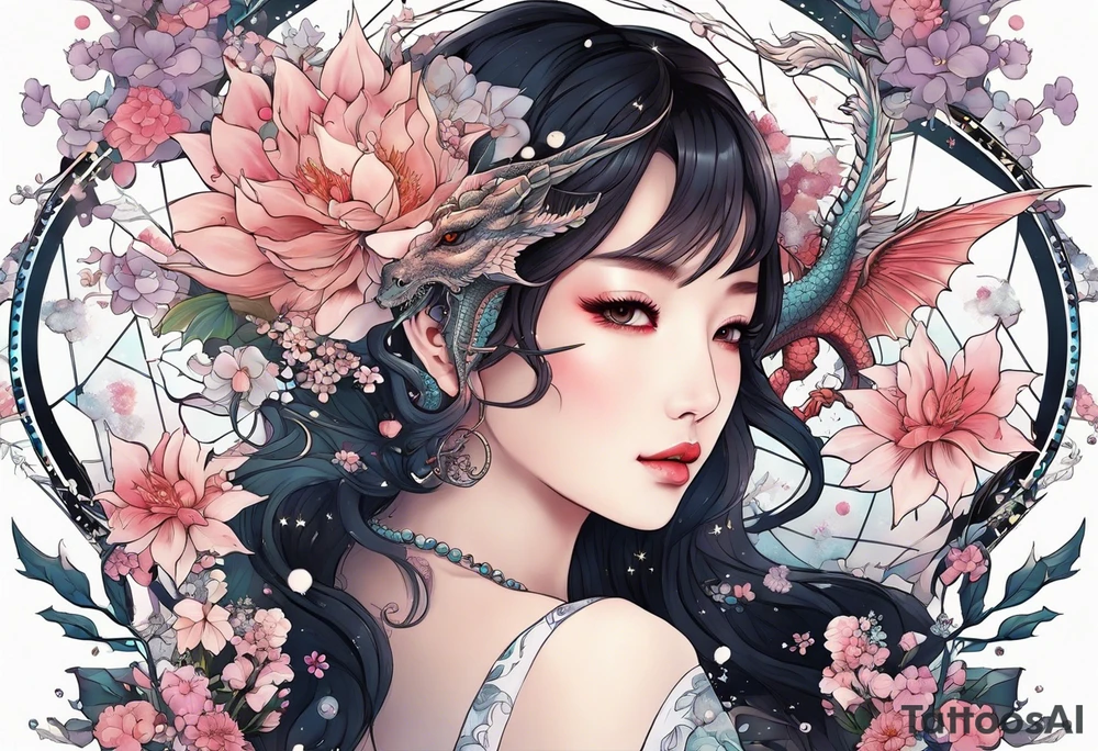 Constellation, wing , snow , cross , dragon female japan kawaii , flower tattoo idea