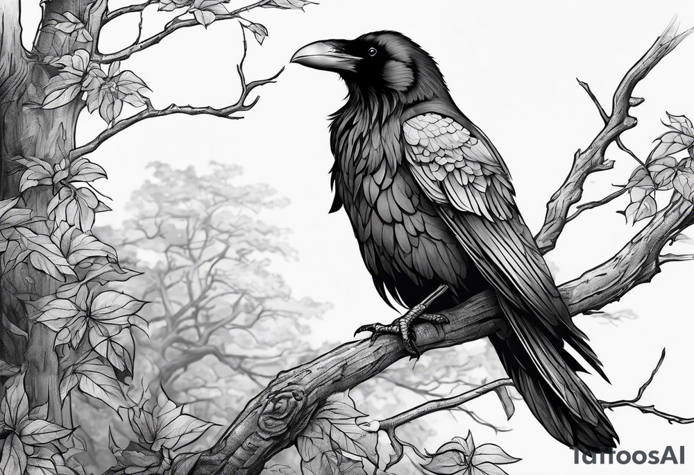 raven perched on branch tattoo idea