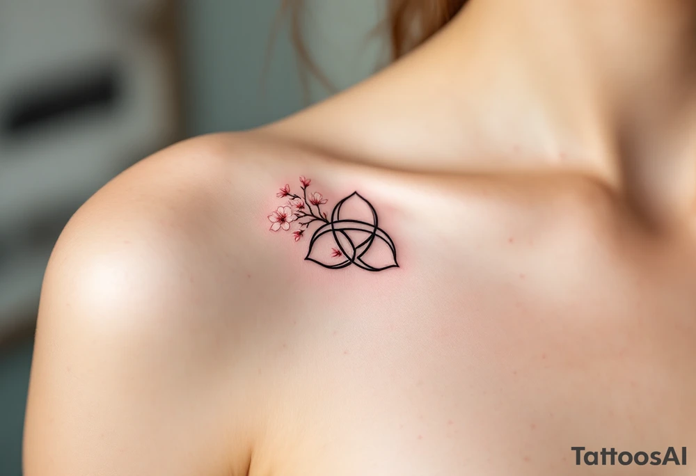 A delicate triquetra intertwined with blooming cherry blossoms, with soft pink and white petals adding a touch of femininity. tattoo idea