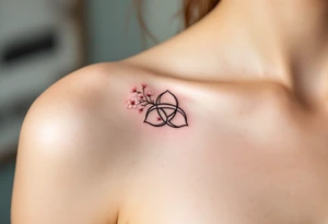 A delicate triquetra intertwined with blooming cherry blossoms, with soft pink and white petals adding a touch of femininity. tattoo idea