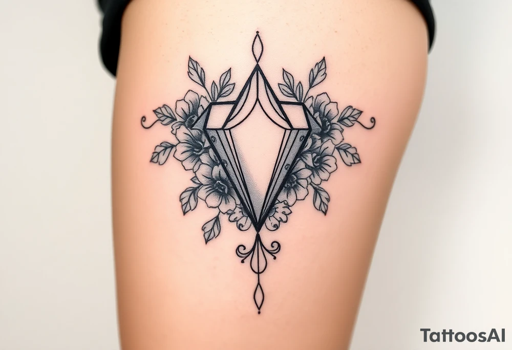 Diamond with vintage lace and flowers tattoo idea