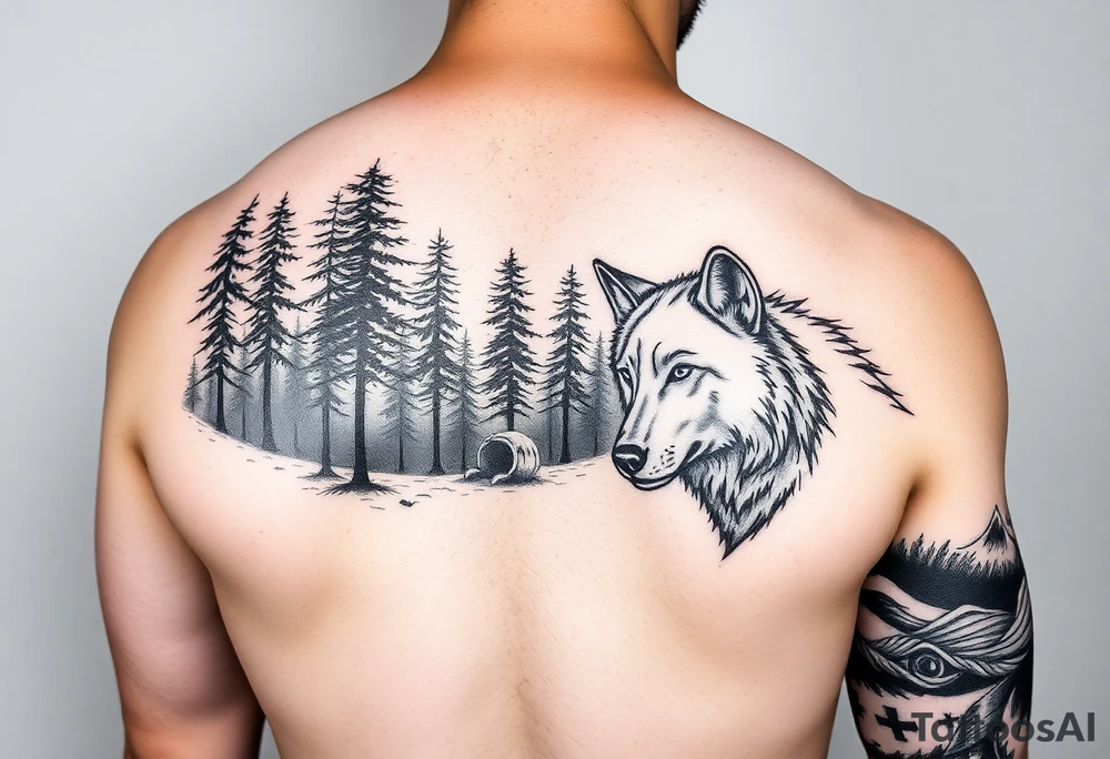 Arm Sleeve Night time forest scene arm sleeve with a wolf on the right arm tattoo idea
