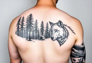 Arm Sleeve Night time forest scene arm sleeve with a wolf on the right arm tattoo idea