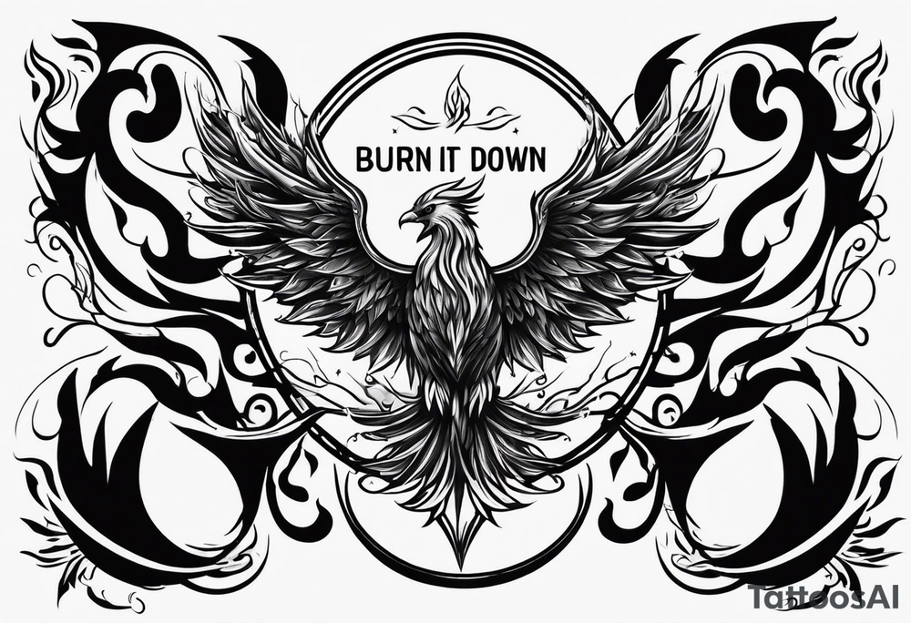 Bold text "BURN IT DOWN" engulfed with flames and smoke of a phoenix tattoo idea