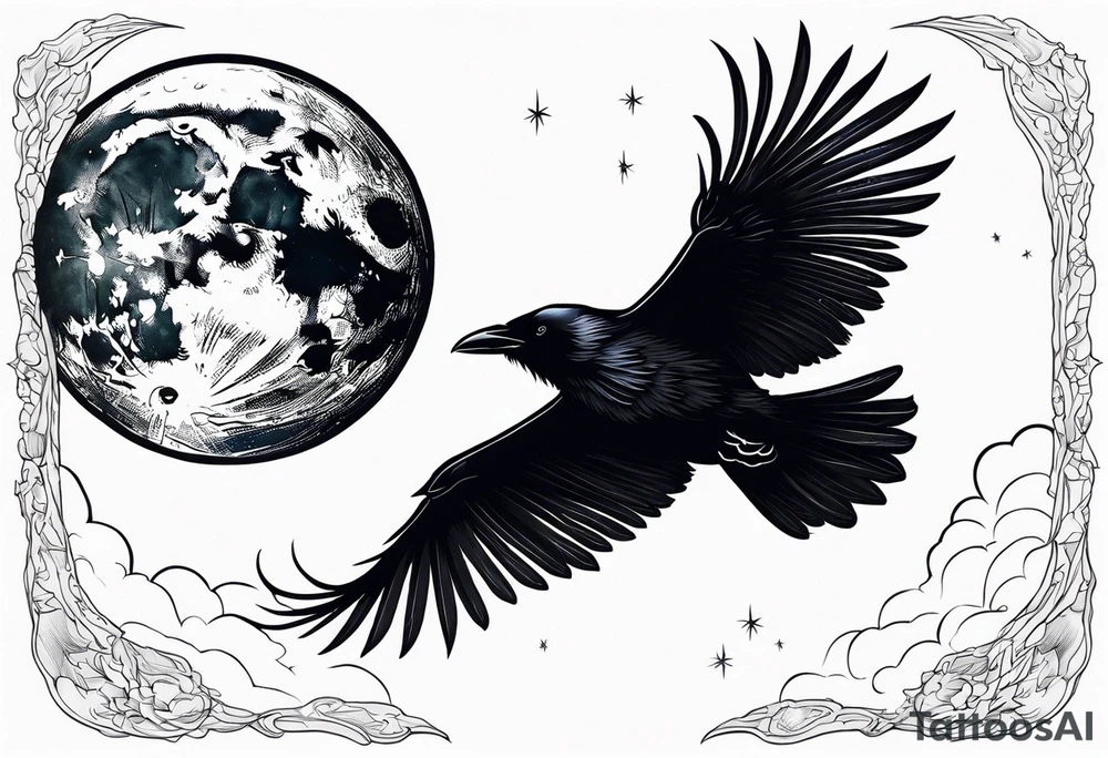 a scary black raven landing on the moon tattoo idea