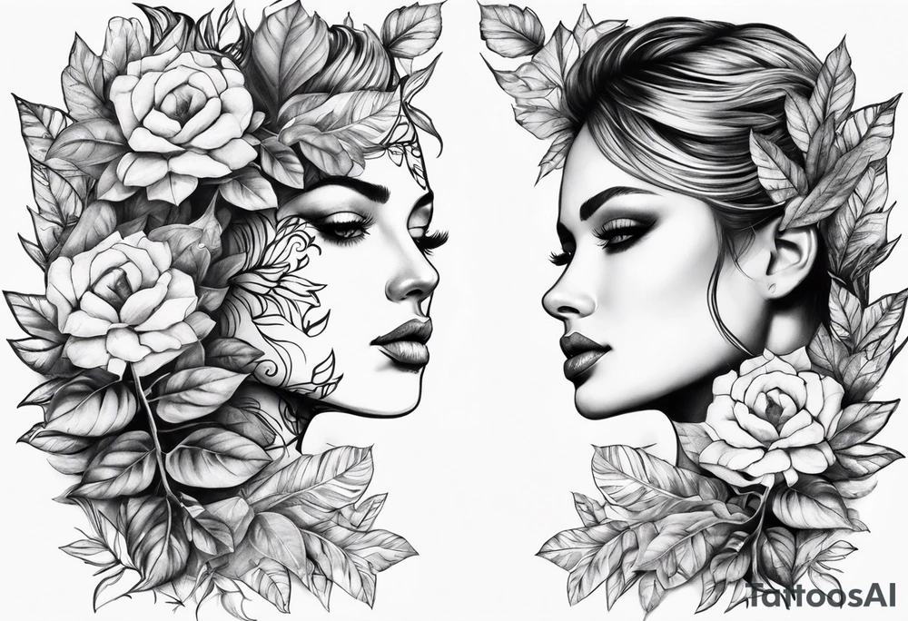 two faces with leafs and frames tattoo idea