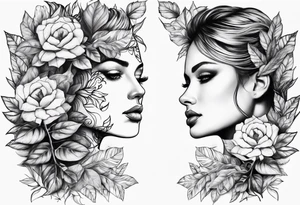 two faces with leafs and frames tattoo idea