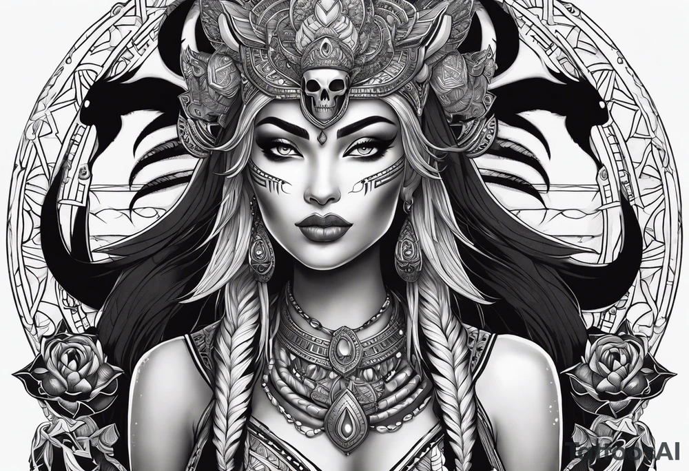 kali, alien goddess, valkrye, pirate, zenza resonance, pachamama, lotus, blank panther, eagle, skull, 5D, nueva gaya tattoo idea