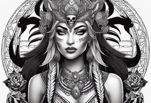 kali, alien goddess, valkrye, pirate, zenza resonance, pachamama, lotus, blank panther, eagle, skull, 5D, nueva gaya tattoo idea
