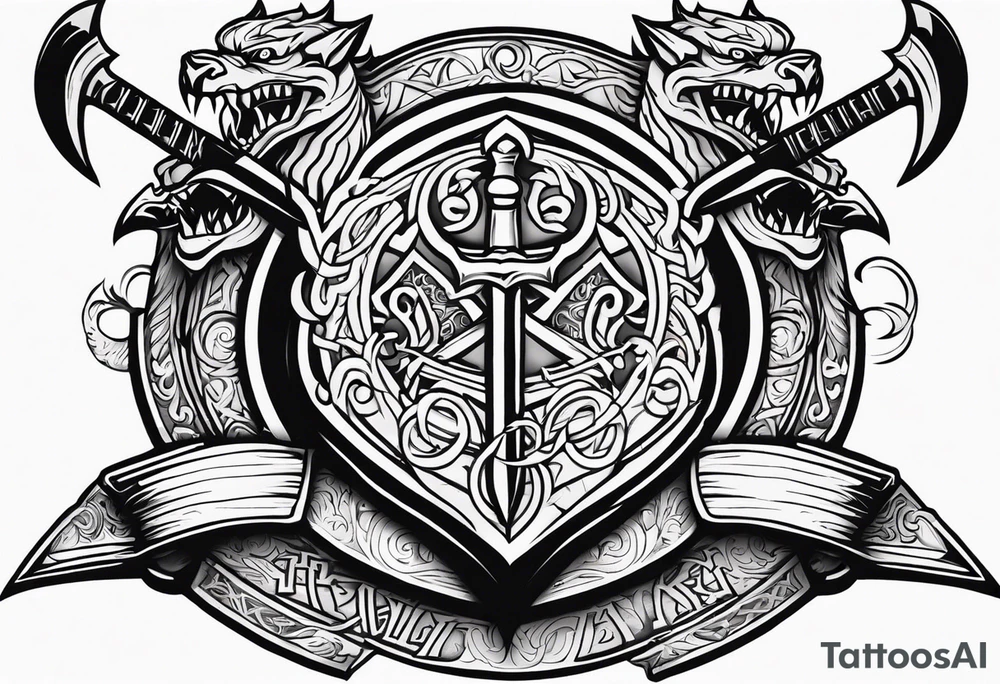 Valhalla sword shield dragon axe viking church tattoo idea Valhalla sword shield dragon axe viking church tattoo idea