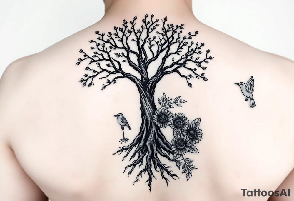 Tree with roots, rose and sunflower garden and bird tattoo idea