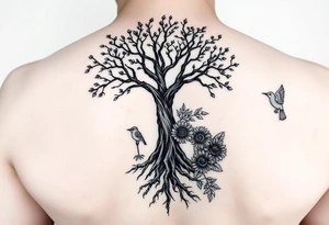Tree with roots, rose and sunflower garden and bird tattoo idea